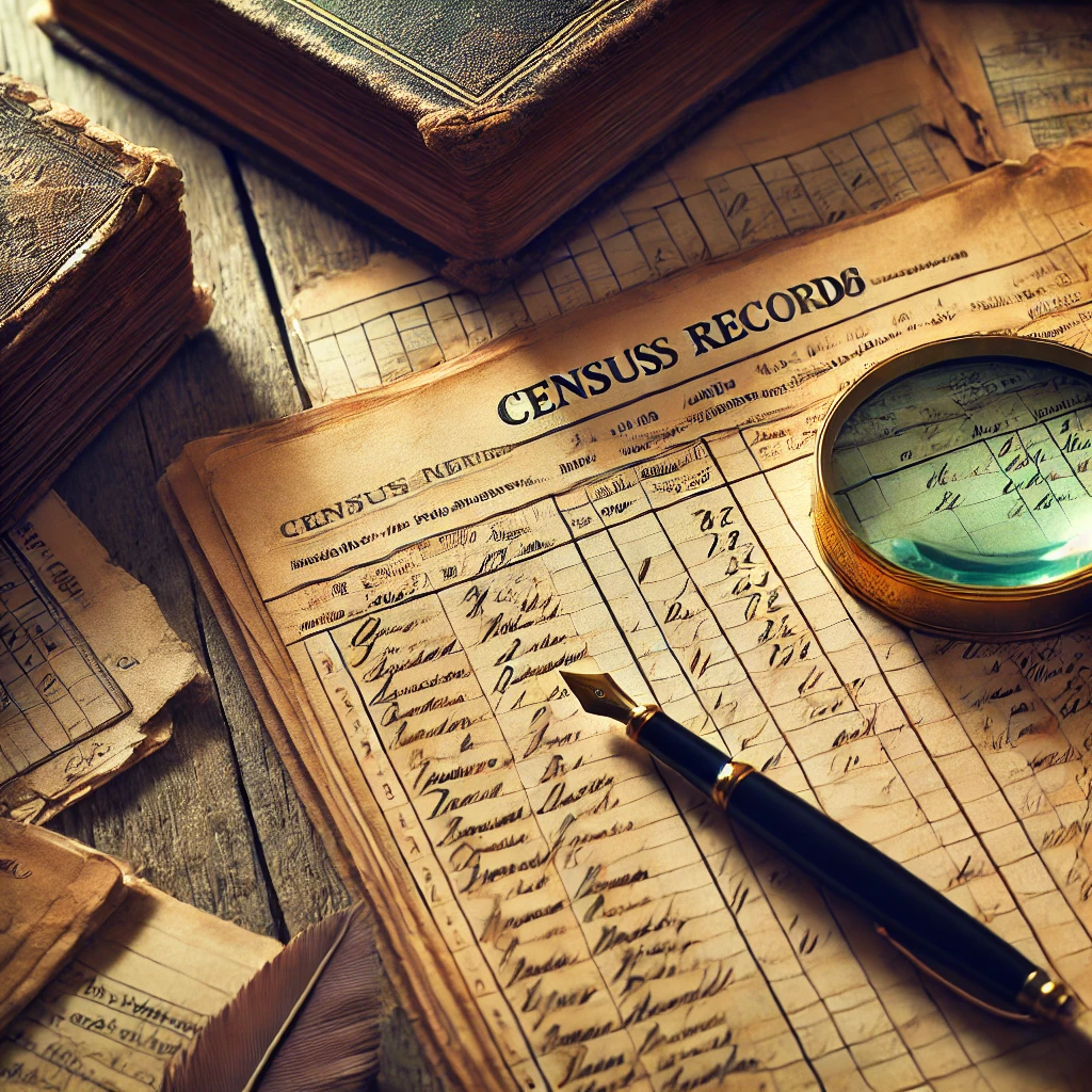 Registros de censo antiguos y lupa representando investigación genealógica y rastreo de antepasados mexicanos.