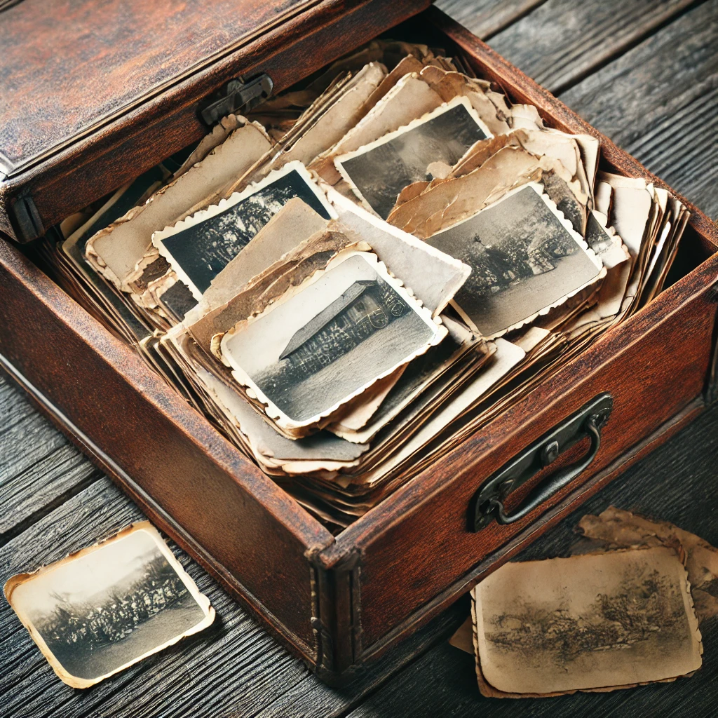 Caja vintage con fotos antiguas de antepasados mexicanos representando historia familiar y raíces genealógicas.